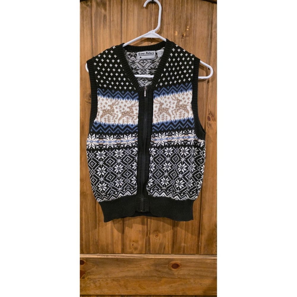 Gina Peters Full Zip Sweater Vest Womens L Multicolor Fair‎ Isle Knit Sleeveless